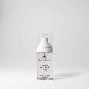 Le Mieux Iso-Rose Hydrating Mist bottle with a cap, showcasing the toner’s transparent spray bottle and rose-themed branding.