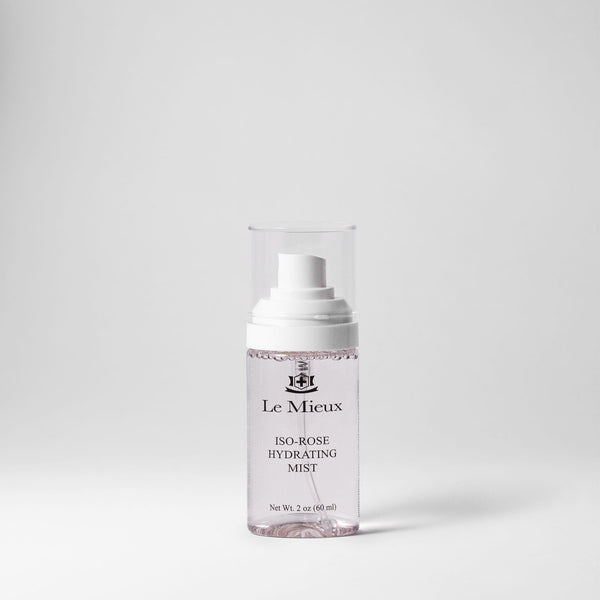 Le Mieux Iso-Rose Hydrating Mist bottle with a cap, showcasing the toner’s transparent spray bottle and rose-themed branding.