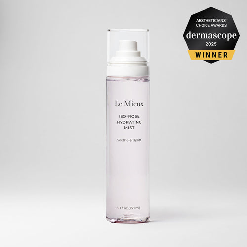 Le Mieux Iso-Rose Hydrating Mist in a 4oz bottle with a cap, featuring a sleek design for refreshing skincare.