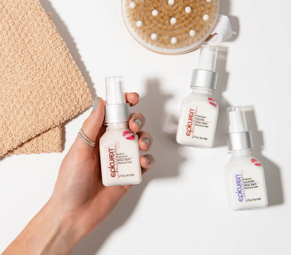 Epicuren Discovery Kukui Coconut After Bath Body Moisturizer in a lifestyle setting, showcasing its creamy texture and packaging.