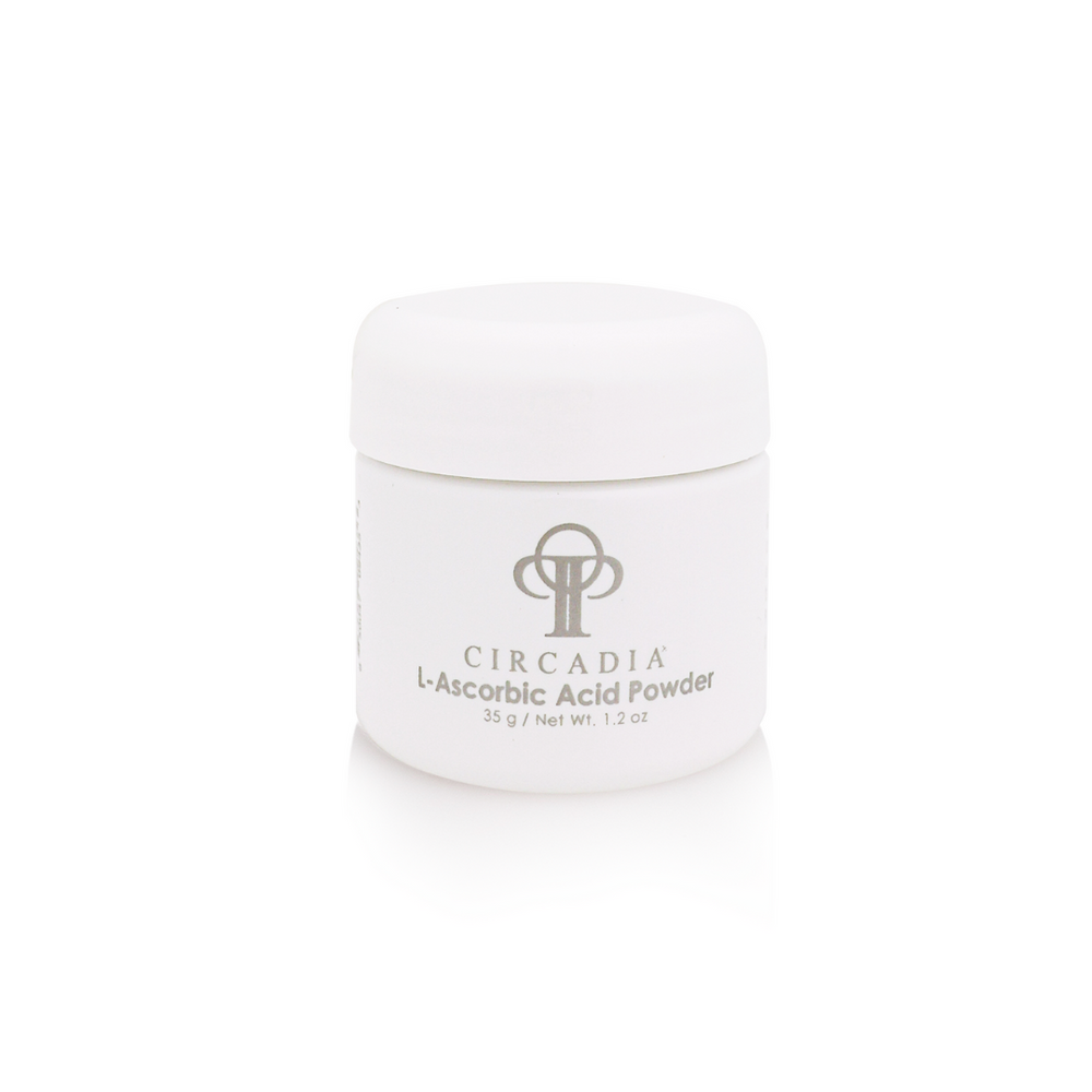 Circadia L-Ascorbic Acid Powder for masks, white powder in a container, used for skin brightening and antioxidant skincare.