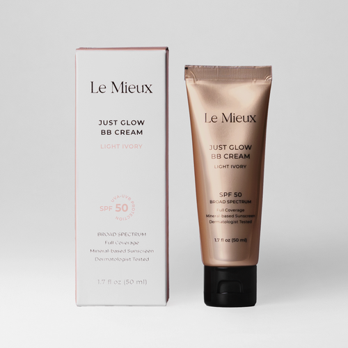 Le Mieux Just Glow BB Cream sun care product in a sleek tube, designed to protect and brighten the skin with SPF.