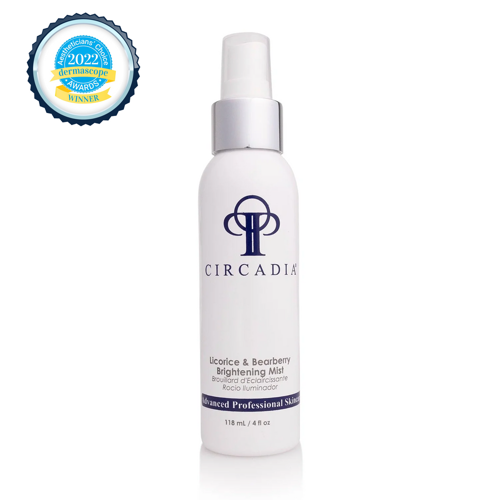Circadia Licorice & Bearberry Brightening Mist bottle with spray nozzle, highlighting its brightening skincare benefits.