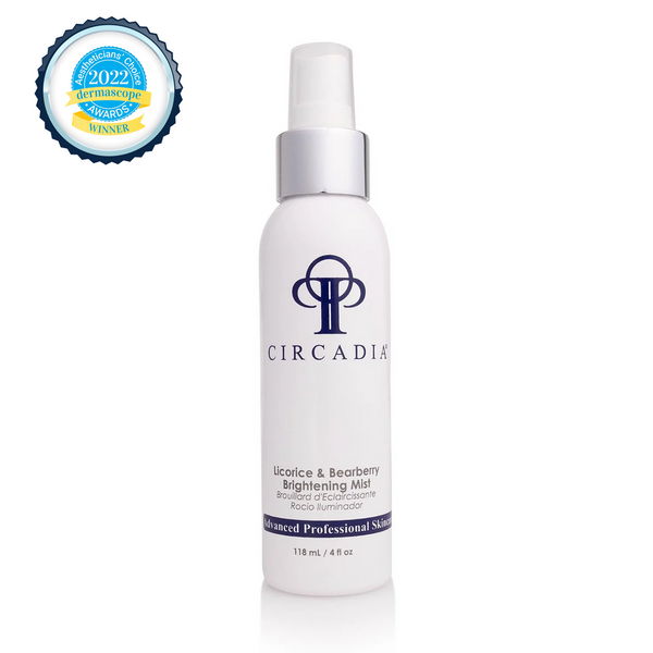 Circadia Licorice & Bearberry Brightening Mist bottle with clear label, designed for skincare and brightening.