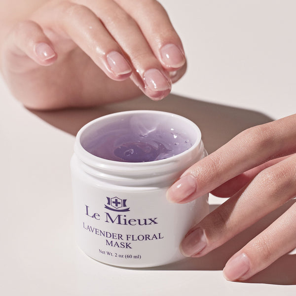 Le Mieux Lavender Floral Mask shown in a 2oz container with lavender and floral design for skincare.
