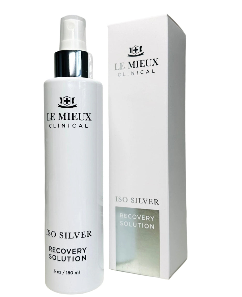 Le Mieux CLINICAL ISO Silver Recovery Solution Face Mist in a spray bottle, designed for soothing facial hydration.
