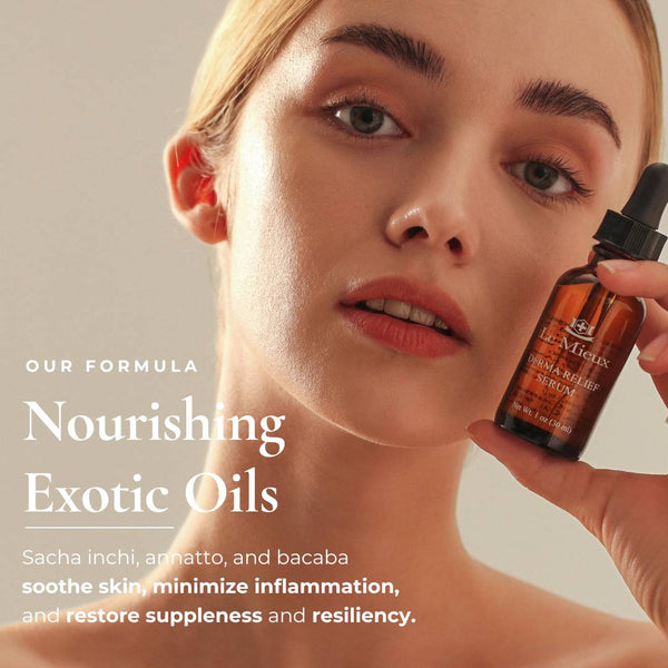 Le Mieux Derma Relief Serum bottle with ingredient list, showcasing skincare serum for sensitive skin and hydration.