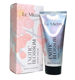 Le Mieux Exotic Blossom Hand Cream in a sleek tube, featuring a floral design and a creamy texture.