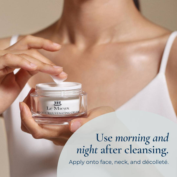 Le Mieux Bio Cell Rejuvenating Cream in a jar, showing its creamy texture and elegant packaging for moisturizing and skin rejuvenation.
