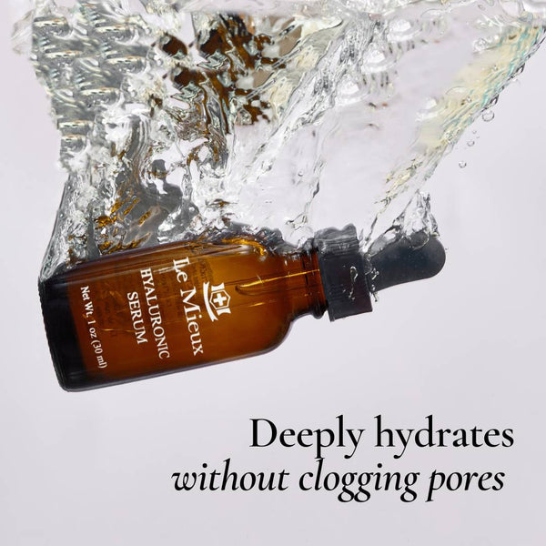 Le Mieux Hyaluronic Serum bottle with dropper for hydrating skincare, clear serum in a sleek glass container.