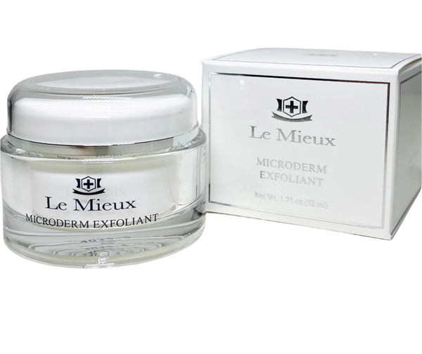 Le Mieux Microderm Exfoliant scrub in a jar, designed for radiant skin on face and neck. 1.75 oz product size.
