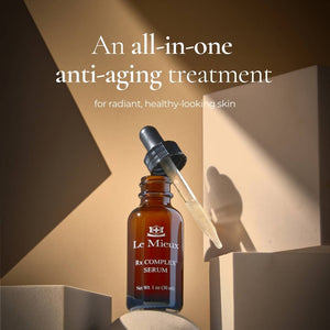 Le Mieux Rx Complex Serum in a sleek bottle, showing the serum's smooth texture and elegant packaging.