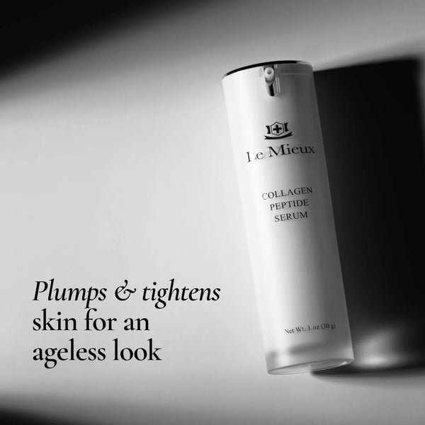 Le Mieux Collagen Peptide Serum in a glass bottle with a pump, showcasing the elegant skincare packaging and clear serum inside.