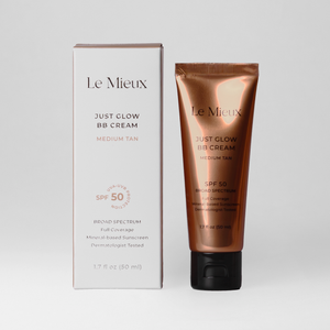 Le Mieux Just Glow BB Cream sun care product in a sleek tube, designed for skin protection and natural glow.
