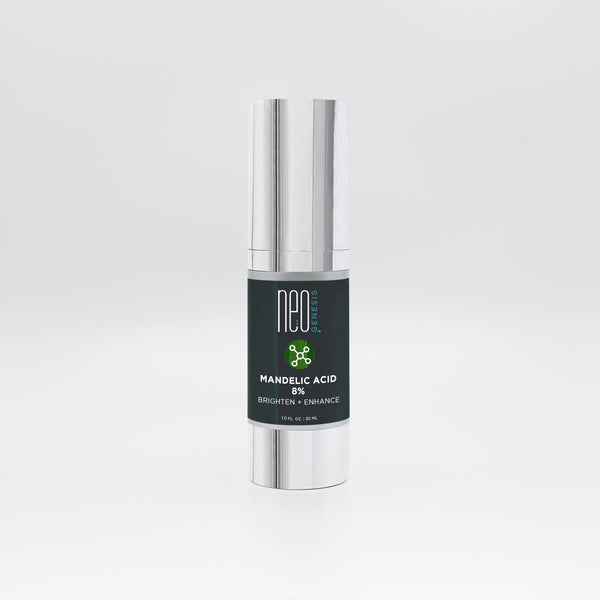 NeoGenesis Mandelic Acid 8% aging product in a 30mL bottle with a clear label and dropper cap on a neutral background.