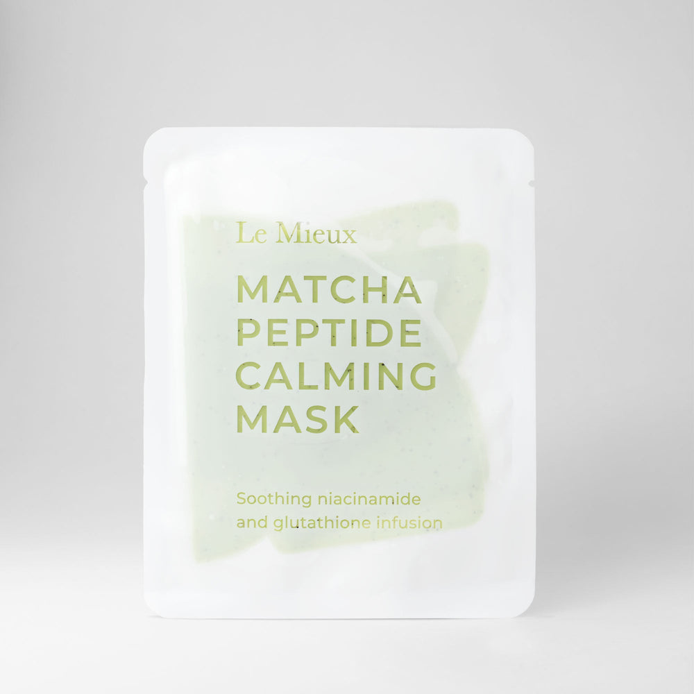 Le Mieux Matcha Peptide Calming Mask shown on a skincare display, featuring green matcha and peptide ingredients for soothing skin.