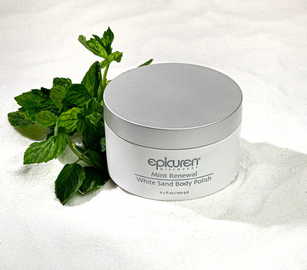 Epicuren Discovery Mint Renewal Body Polish in a stylish jar with a mint green design and a natural setting background.