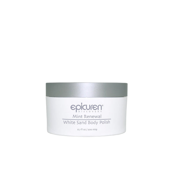 Epicuren Discovery Mint Renewal White Sand Body Polish in a 6.7 oz container with a minty green texture.