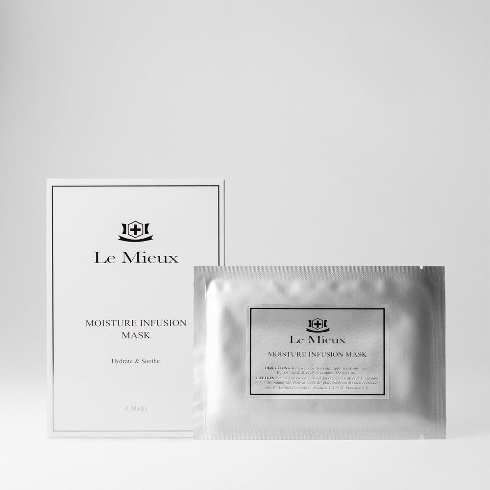 Le Mieux Moisture Infusion Mask, a hydrating facial mask with a soft, plush fabric covering the face, designed to boost moisture.