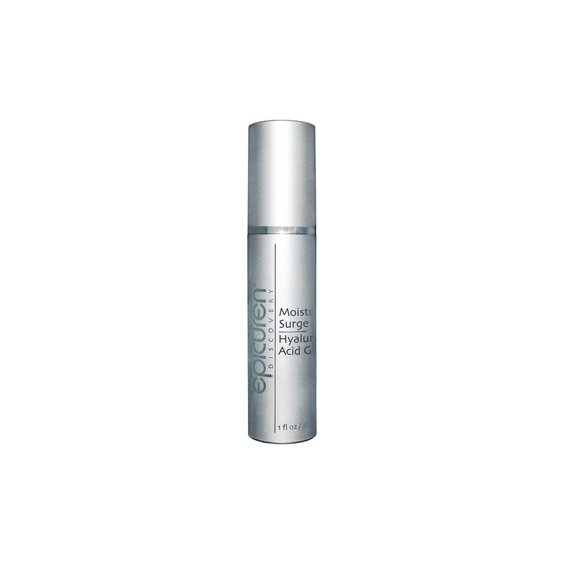 Epicuren Discovery Moisture Surge Hyaluronic Acid Gel in a clear jar, emphasizing its anti-aging properties and hydrating texture.