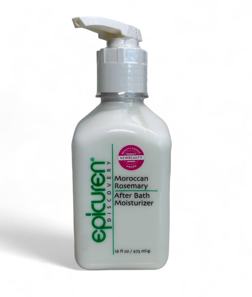 A bottle of Epicuren Discovery Moroccan Rosemary After Bath Body Moisturizer with a pump dispenser.
