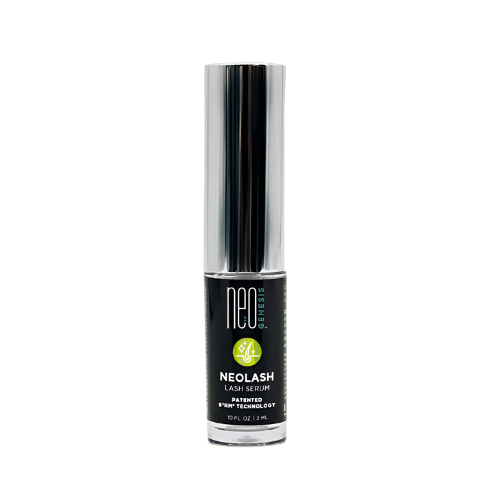 NeoGenesis NeoLash hair thickening serum in 3mL bottle, showcasing sleek packaging and product label.