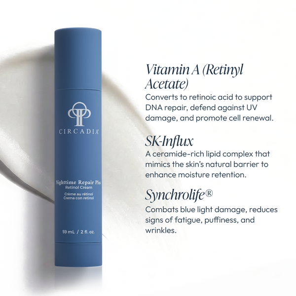 Circadia Nighttime Repair Plus Retinol Cream in a jar, showing smooth cream texture and packaging for effective overnight skin repair.