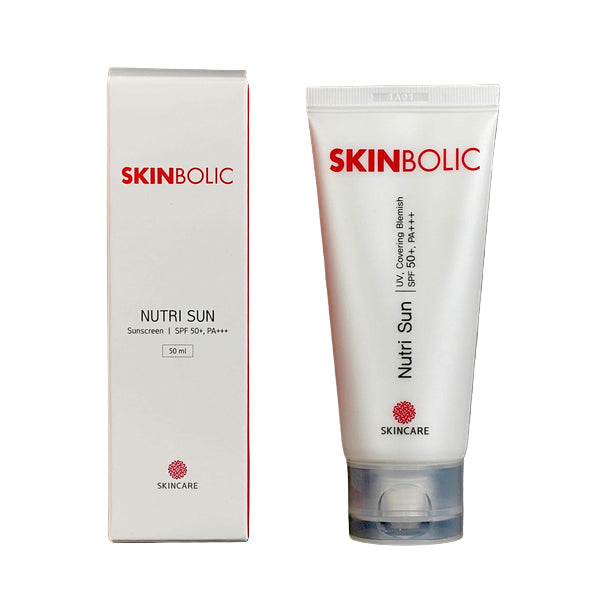 Skinbolic Nutri Sun SPF 50mL UV Protect sunscreen bottle with label, featuring a sleek design and protective cap.