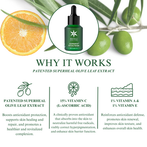 Phyto-C Skin Care Superheal™ O-Live Serum in a 30ml bottle, showcasing its green liquid and sleek packaging.