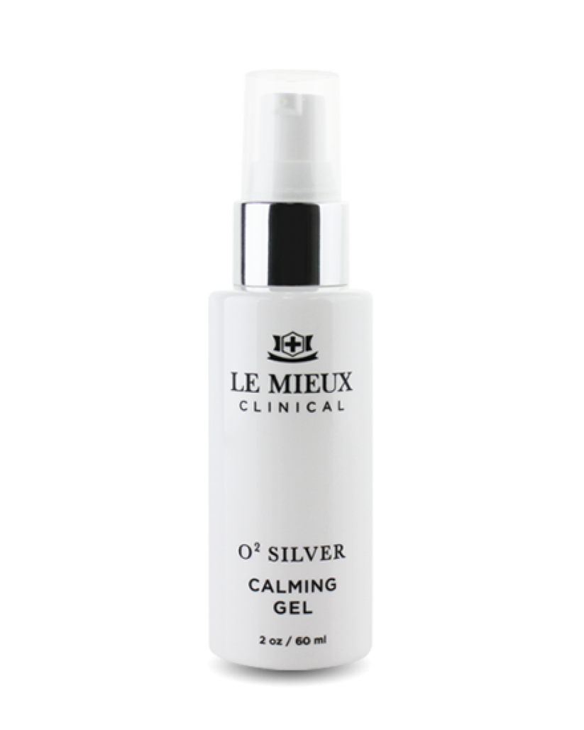 Le Mieux Clinical O2 Silver Calming Gel in a clear tube, highlighting its soothing texture and silver formulation.