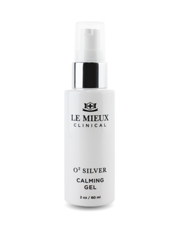 Le Mieux Clinical O2 Silver Calming Gel in a 2oz jar, showcasing the smooth gel texture and elegant packaging.