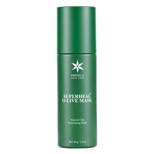 Phyto-C Skin Care Superheal O-Live Mask in a 60g jar, featuring a creamy green texture and olive ingredients.