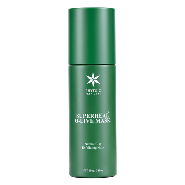 Phyto-C Skin Care Superheal O-Live Mask in a 60g jar, featuring a creamy green texture and olive ingredients.