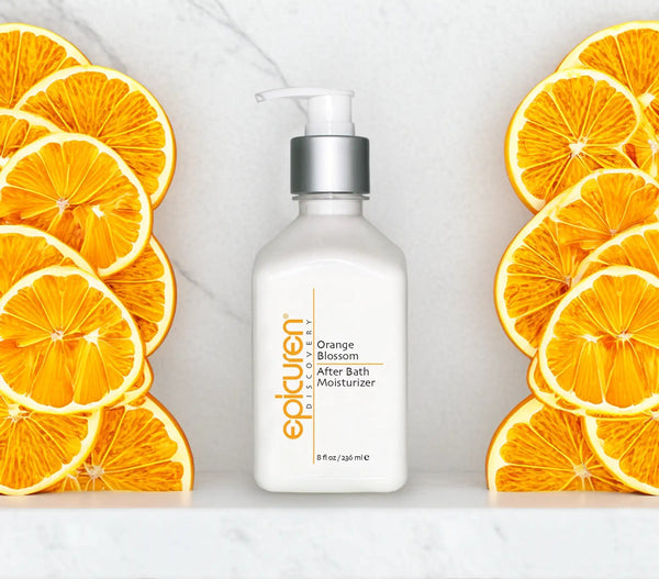 Epicuren Discovery After Bath Body Moisturizer in Orange Blossom, showcasing a creamy texture and vibrant floral scent.