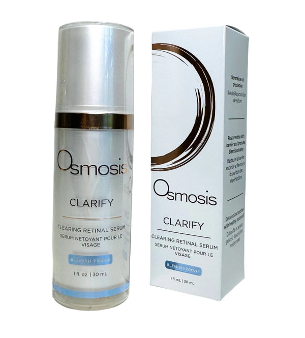 Osmosis Beauty Clarify Clarifying Retinal Serum in a sleek bottle, showcasing the product's label and texture.