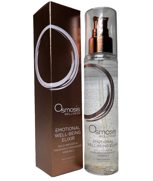 Osmosis Beauty Emotional Well Being Elixir with gold infusion and frequency-enhanced minerals in a glass bottle.