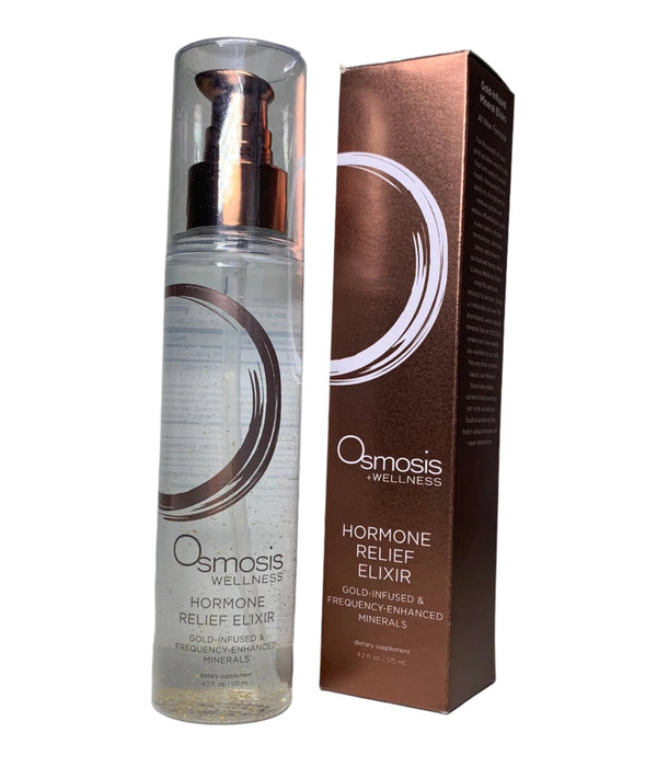 Osmosis Beauty Hormone Relief Elixir with gold infusion and frequency-enhanced minerals, displayed in a clear glass bottle.