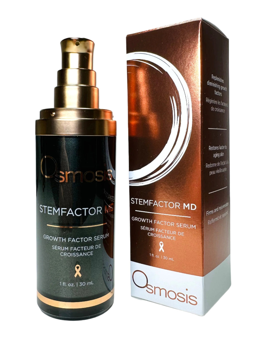 Osmosis Beauty Stemfactor MD Growth Factor Serum in a sleek bottle with a dropper, featuring a clear serum texture.