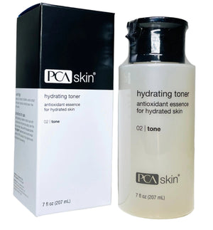 PCA Skin Hydrating Toner bottle, 7 fl oz, with a sleek design, showcasing its clear liquid and labeling.
