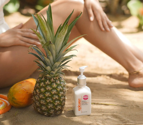 Epicuren Discovery Papaya Pineapple After Bath body care product displayed in a relaxing, tropical setting.