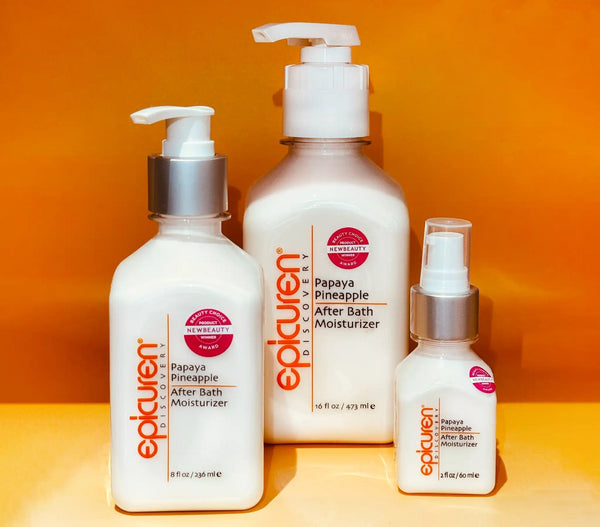 Epicuren Discovery Papaya Pineapple After Bath body care product with tropical fruit design and soothing texture.