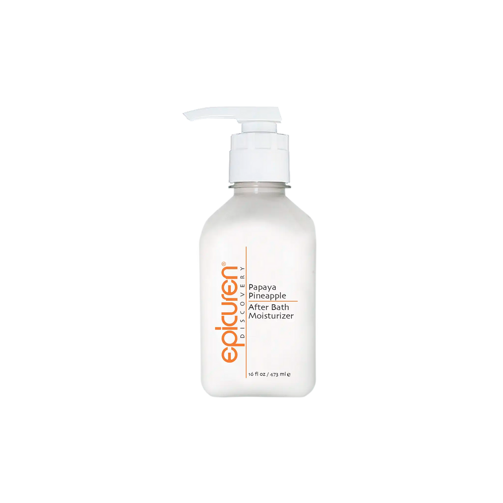 Epicuren Discovery Papaya Pineapple After Bath body care moisturizer in a 16oz bottle with tropical fruit design.