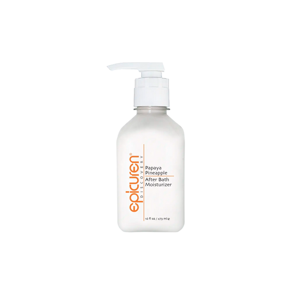 Epicuren Discovery Papaya Pineapple After Bath body care moisturizer in a 16oz bottle with tropical fruit design.