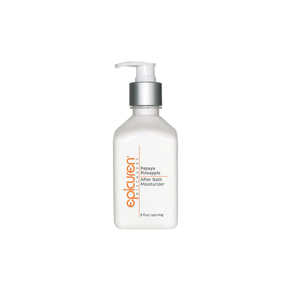 Epicuren Papaya Pineapple After Bath moisturizer in an 8oz bottle, featuring a tropical fruit design and creamy texture.
