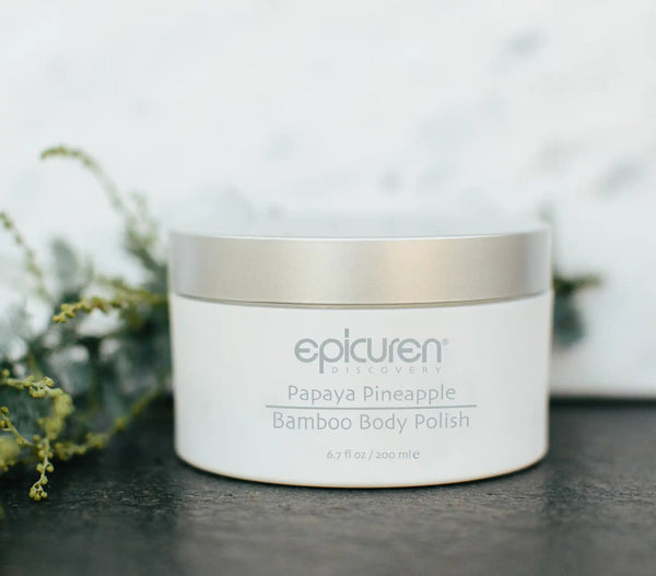 Epicuren Discovery Papaya Pineapple Bamboo Body Polish in a jar, showcasing the creamy texture and vibrant fruit-inspired design.