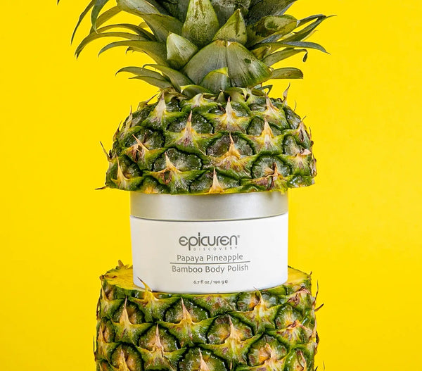 Epicuren Discovery Papaya Pineapple Bamboo Body Polish in a stylish container, showcasing its tropical ingredients and texture.
