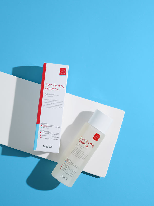 Dr. Esthe Pore-Fecting Extractor 200mL bottle for acne treatment, featuring a sleek design and clear labeling.