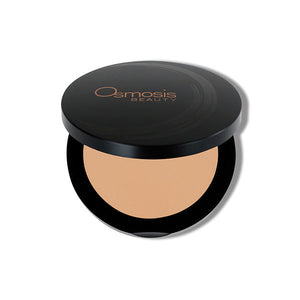 Osmosis Beauty Mineral Pressed Base compact in Natural Medium shade, showcasing the pressed powder and sleek packaging.