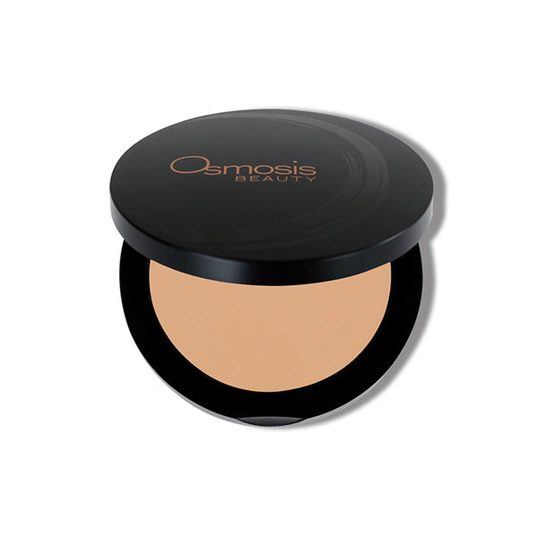 Osmosis Beauty Mineral Pressed Base compact in Natural Medium shade, showcasing the pressed powder and sleek packaging.