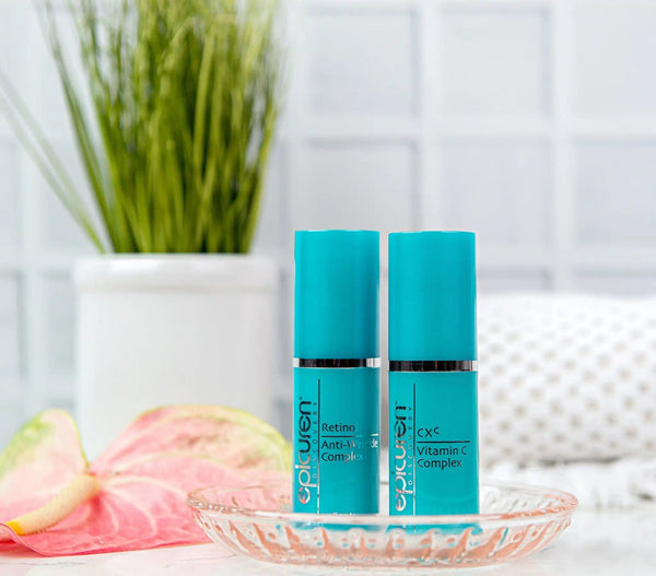 Epicuren Discovery Prevention & Correction Duo, featuring skincare bottles in a lifestyle setting with natural lighting.